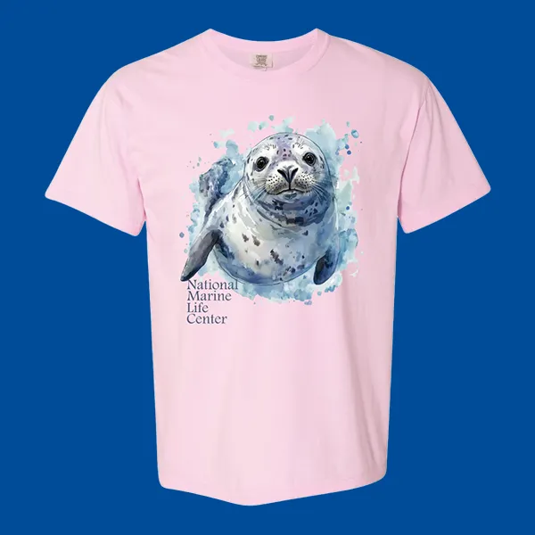 Pink T-shirt with seal pup and NMLC branding